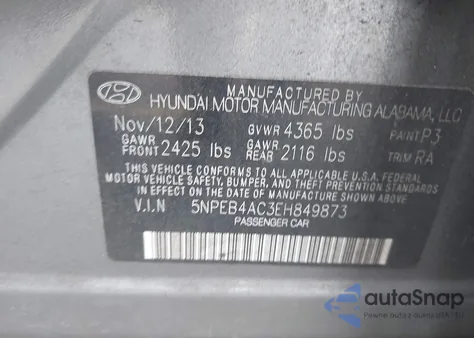 2014 Hyundai Sonata Gls z USA, uszkodzony, nr VIN 5NPEB4AC3EH849873